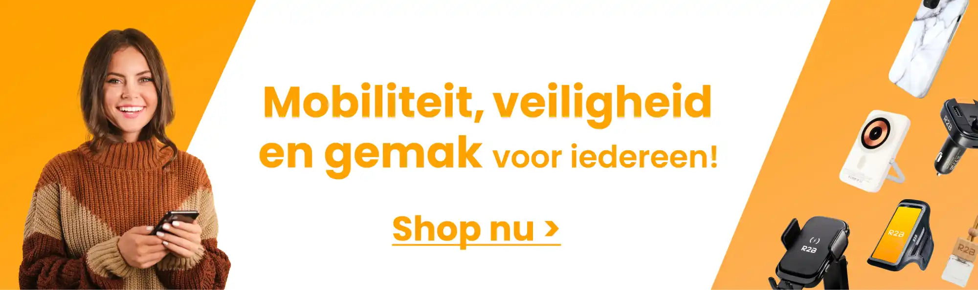 Marketingbanner die mobiliteit, veiligheid en gemak producten promoot in het Nederlands met producticonen.