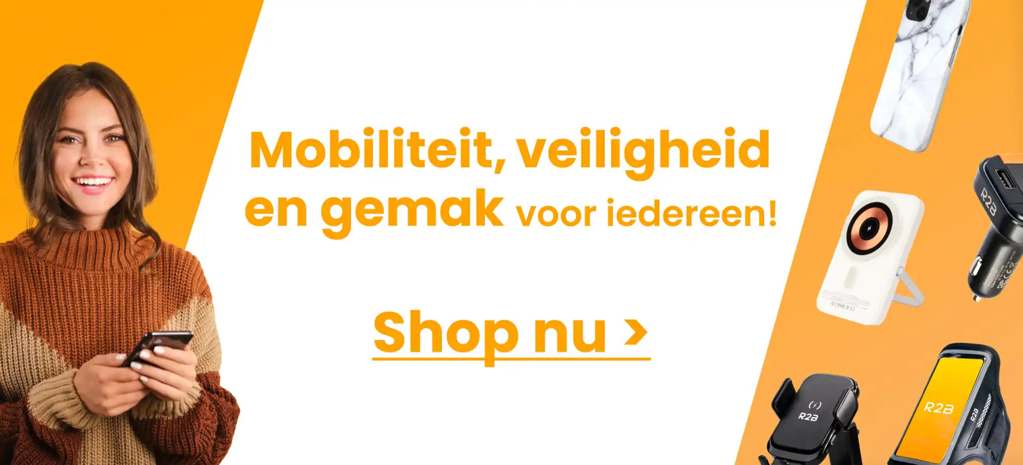 Een promotionele banner voor mobiele accessoires in oranje en wit met Nederlandse tekst over mobiliteit, veiligheid en gebruiksgemak.