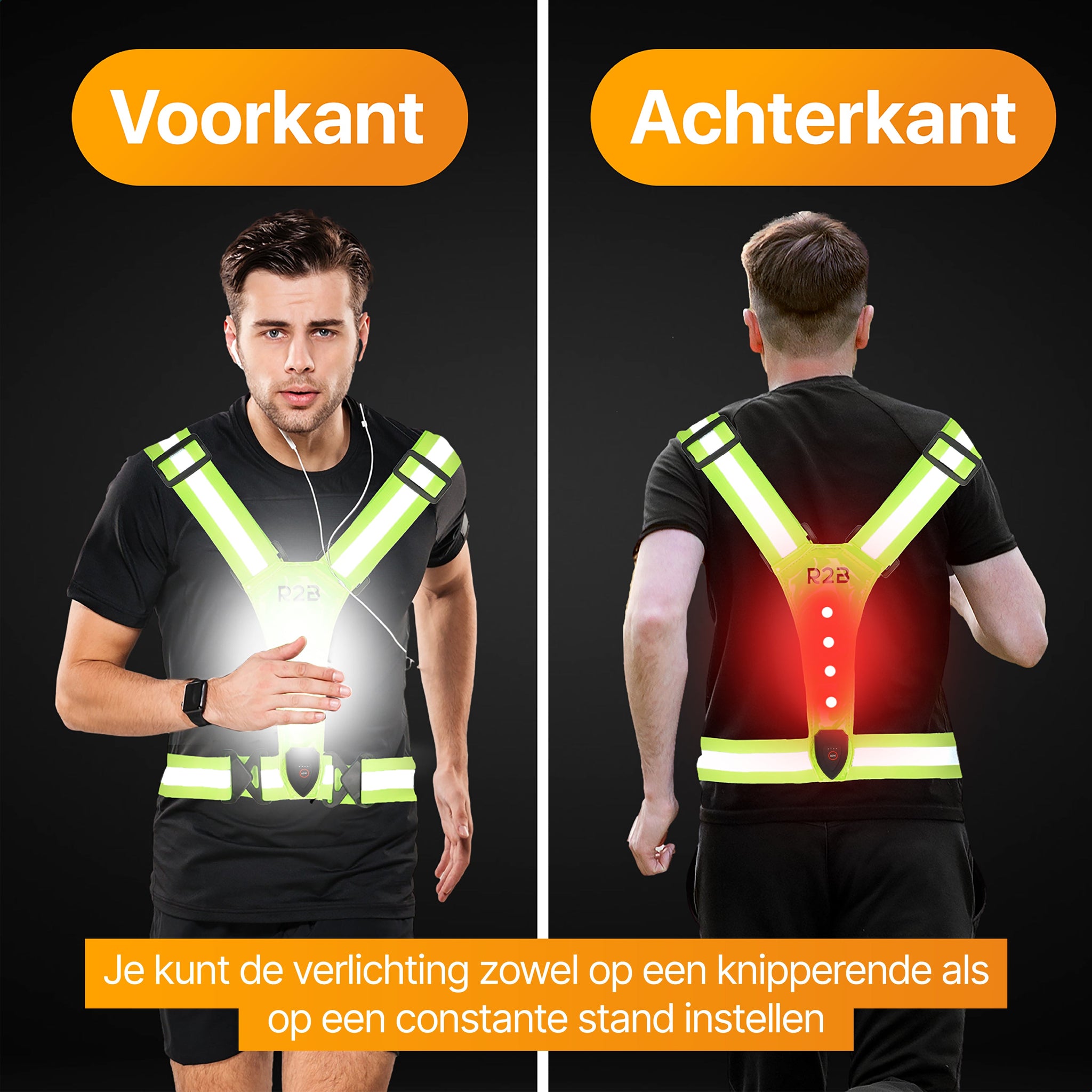 R2B® Hardloopvest met Verlichting aan voor- en achterkant - Geel - Inclusief USB-C kabel - Telefoonhouder sport