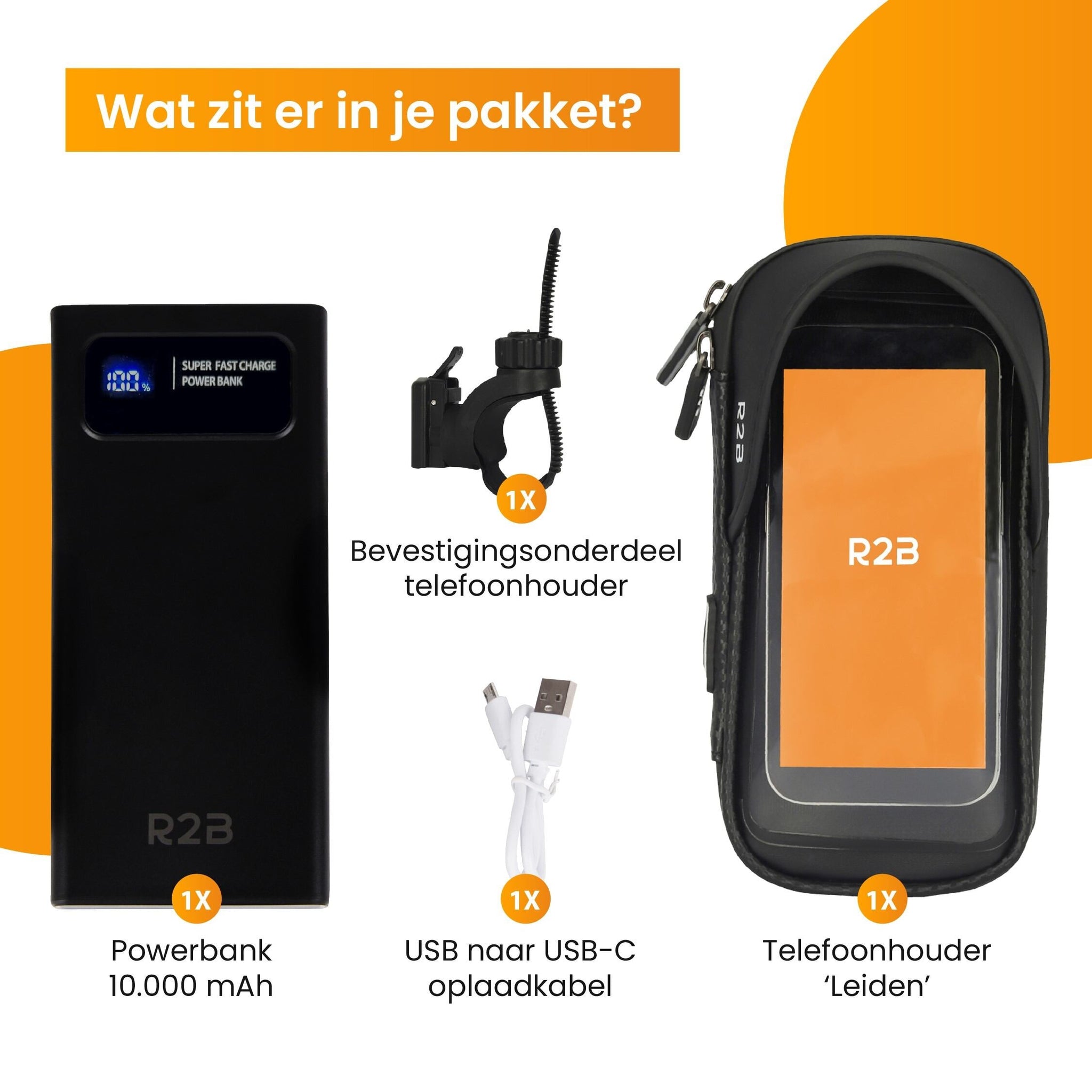 R2B® Robuuste Telefoonhouder Fiets Waterdicht + Powerbank 10.000 mAh - Model Leiden - Telefoonhouder fiets