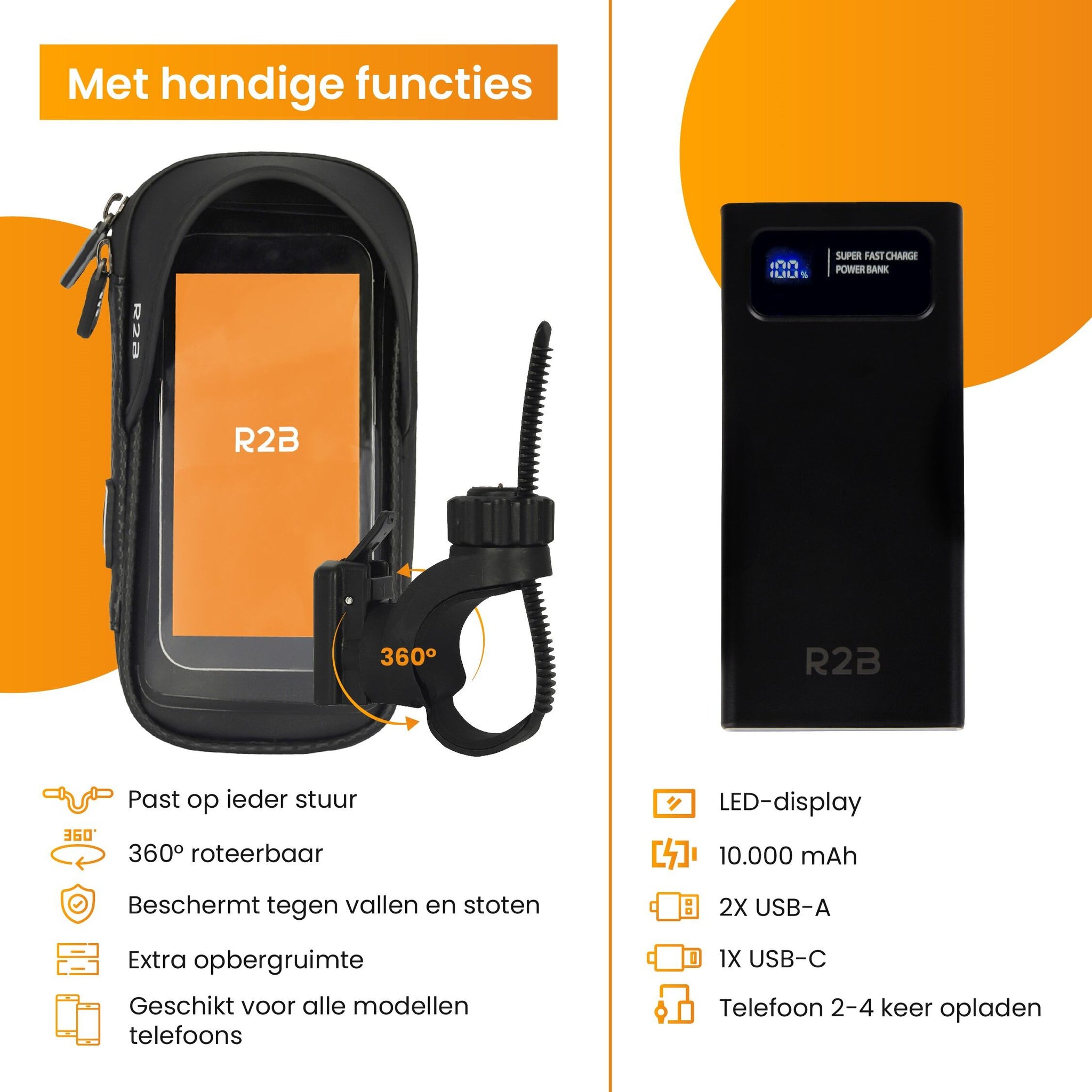 R2B® Robuuste Telefoonhouder Fiets Waterdicht + Powerbank 10.000 mAh - Model Leiden - Telefoonhouder fiets