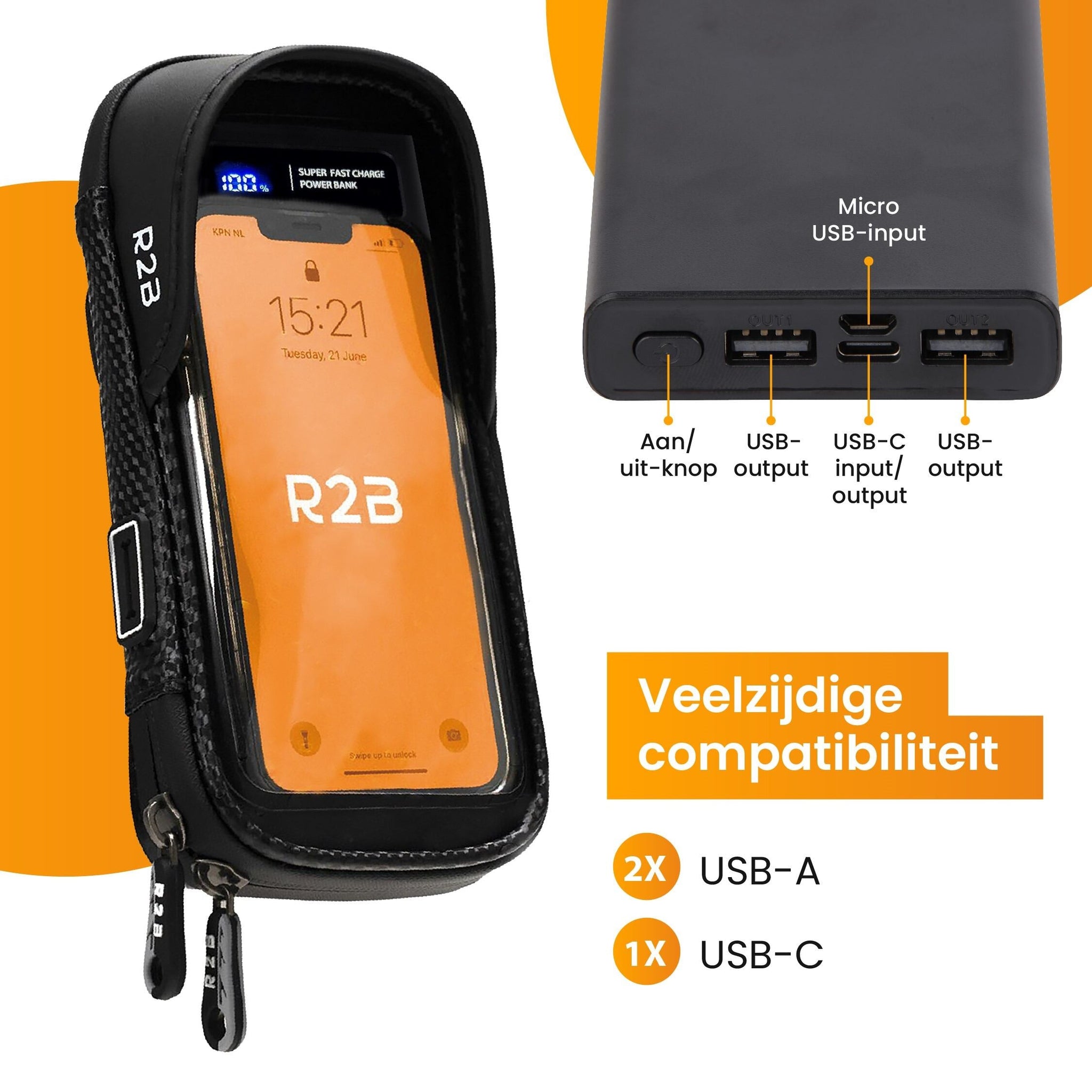 R2B® Robuuste Telefoonhouder Fiets Waterdicht + Powerbank 10.000 mAh - Model Leiden - Telefoonhouder fiets