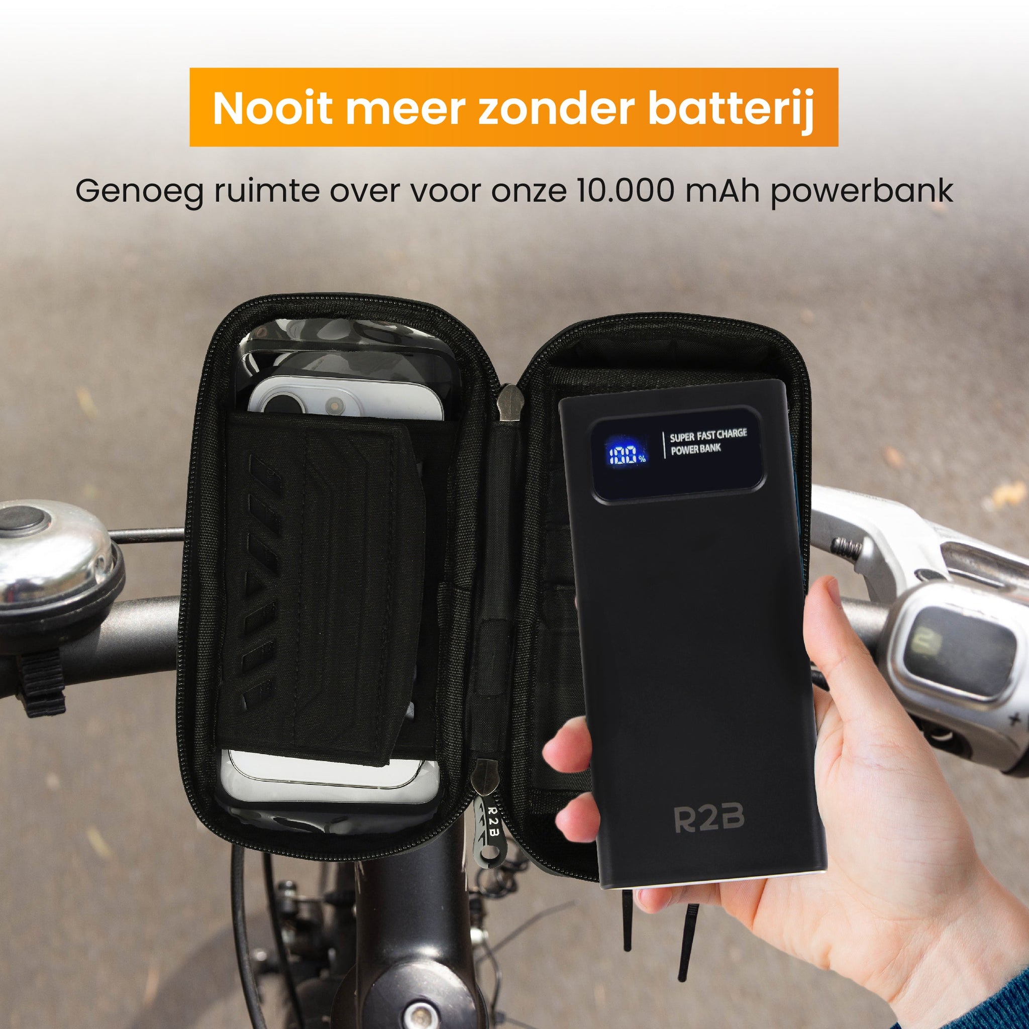 R2B® Robuuste Telefoonhouder Fiets Waterdicht + Powerbank 10.000 mAh - Model Leiden - Telefoonhouder fiets